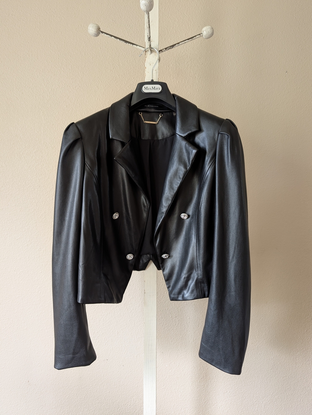 Elie Tahari Cropped Faux Leather Double Breasted Blazer Jacket